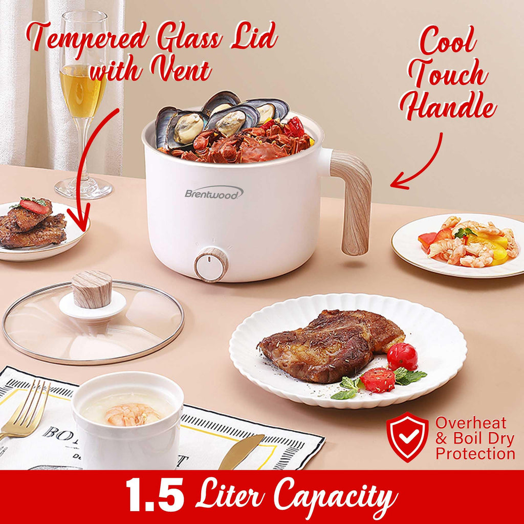 Brentwood HP-3170W 1.5L Multi-Function Electric Hot Pot Cooker - White, 600W with Ceramic Non-Stick Coating & Tempered Glass Lid