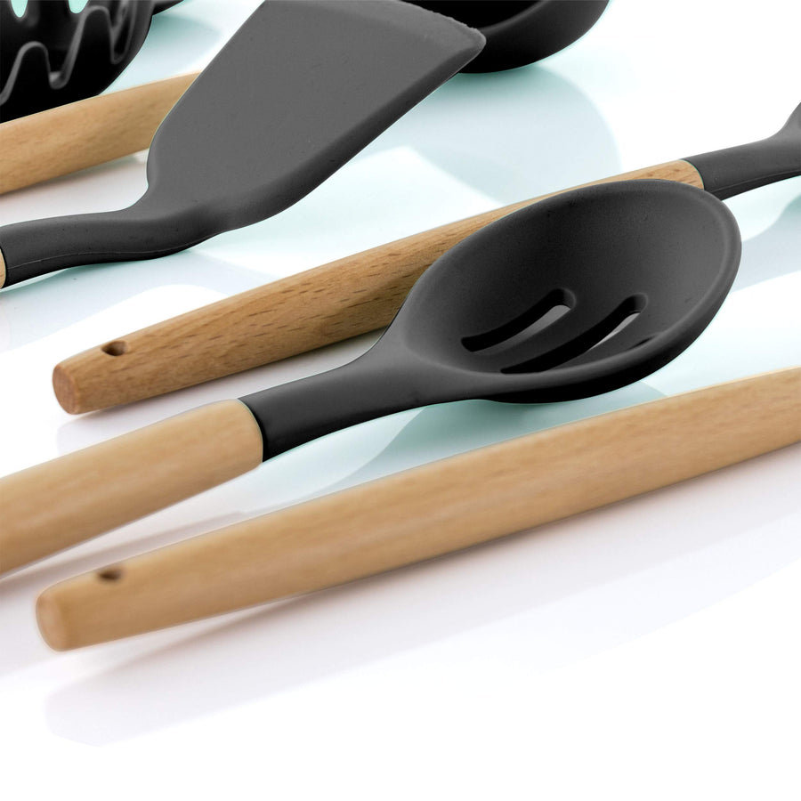 MegaChef 9-Piece Silicone and Wood Kitchen Utensil Set with Ceramic Holder, Gray