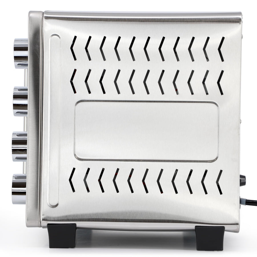 Side view of the MegaChef 31.7 qt French door toaster oven showing the stainless steel vents, knobs and feet