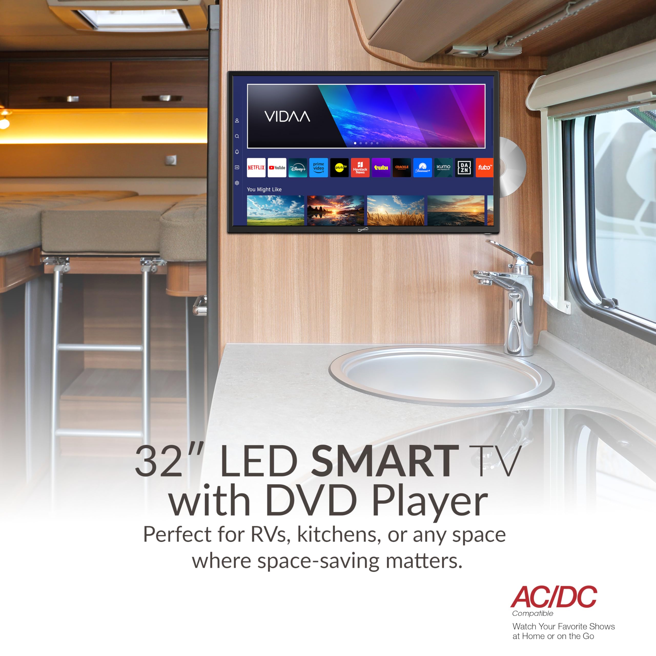 SuperSonic SC-3226SDVD 32-Inch LED Smart HDTV with Built-In DVD Player - VIDAA Smart TV, 3 HDMI, ATSC Tuner, 12V DC Compatible