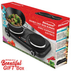 Brentwood TS-332BK 1100W Double Cast Iron Burner Electric Hot Plate with Temperature Control - Black