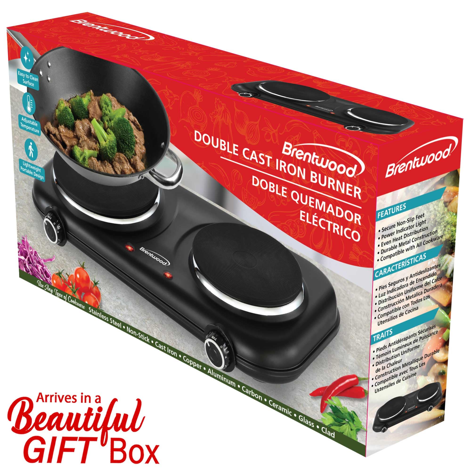 Brentwood TS-332BK 1100W Double Cast Iron Burner Electric Hot Plate with Temperature Control - Black