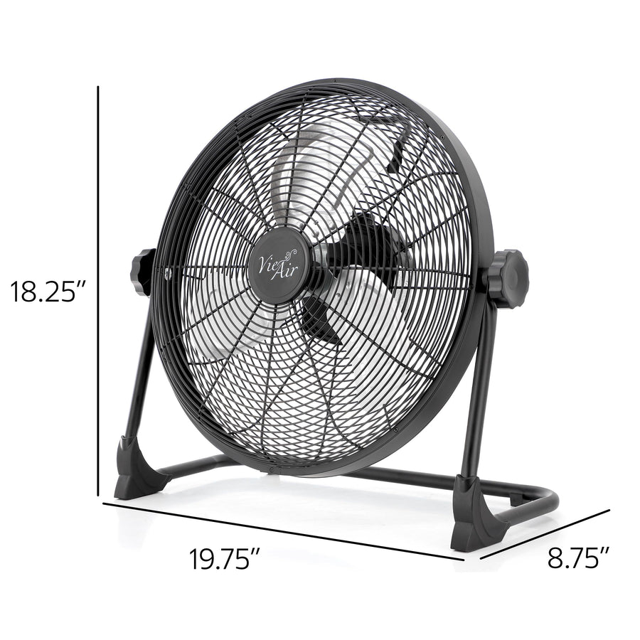 Vie Air 16 Inch Rechargeable Indoor/Outdoor Floor Fan, IPX4 Water-Resistant, Metal Blades with LED Light, Black