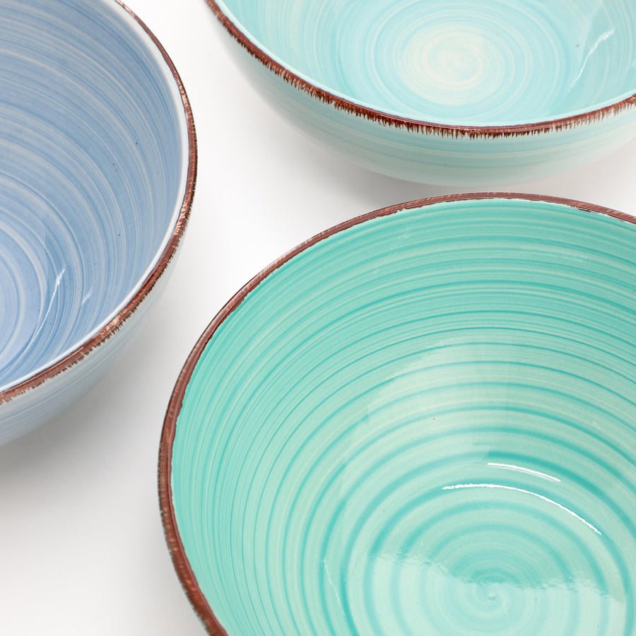 Elama Blue Ridge 6-Piece 6.25 in Round Stoneware Bowl Set, Assorted Blue and Teal, 20 oz, Striped Ridge Design, Microwave and Dishwasher Safe