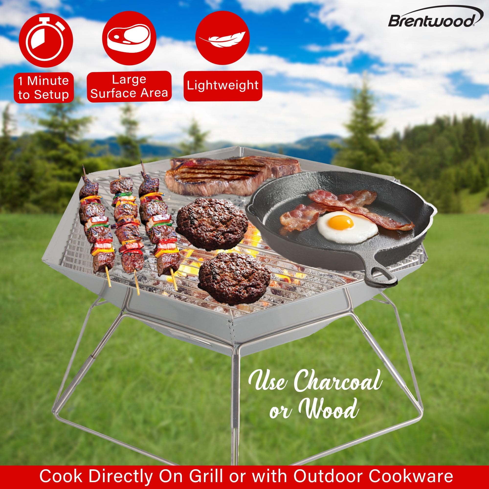 Brentwood BB-6X20SS 20 Inch Portable Folding Stainless Steel Charcoal BBQ Grill and Fire Pit with Carry Bag