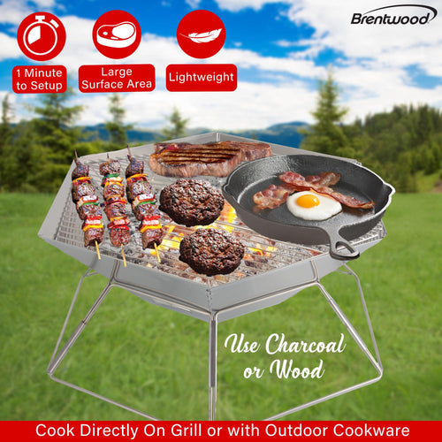 Brentwood BB-6X20SS 20 Inch Portable Folding Stainless Steel Charcoal BBQ Grill and Fire Pit with Carry Bag