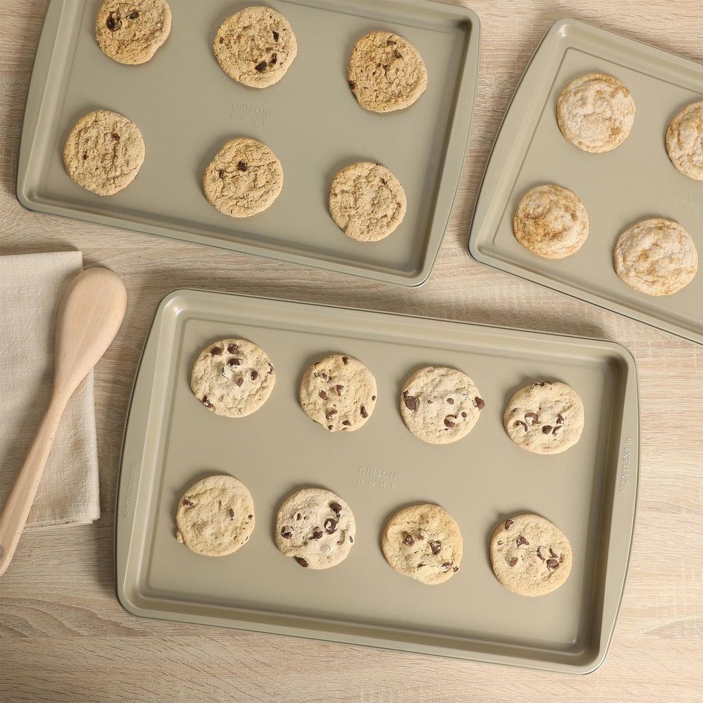 Gibson Home Lyneham 3-Piece Carbon Steel Nonstick Cookie Sheet Set – Champagne Gold, Warp-Resistant, Oven Safe to 410 Degrees