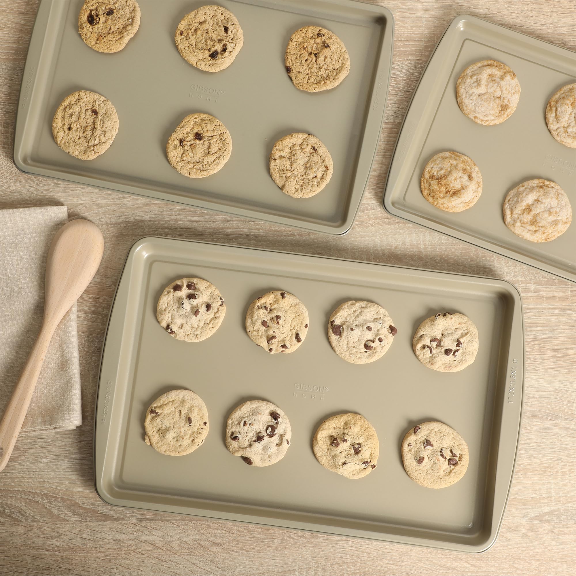 Gibson Home Lyneham 3-Piece Carbon Steel Nonstick Cookie Sheet Set – Champagne Gold, Warp-Resistant, Oven Safe to 410 Degrees