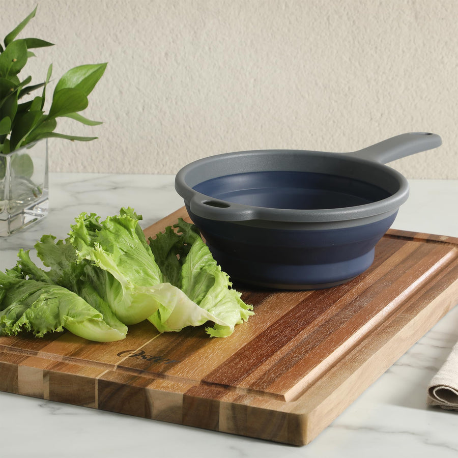 Oster Bluemarine 7 Inch Collapsible Colander with Handle, Blue and Grey