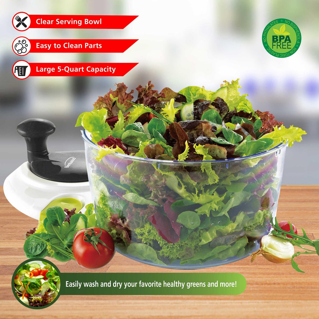 Brentwood KA-5030BK 5-Quart Salad Spinner with Serving Bowl, Black