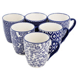 Elama Declan 6-Piece 12 oz Stoneware Coffee Mug Set, Assorted Blue and White Designs