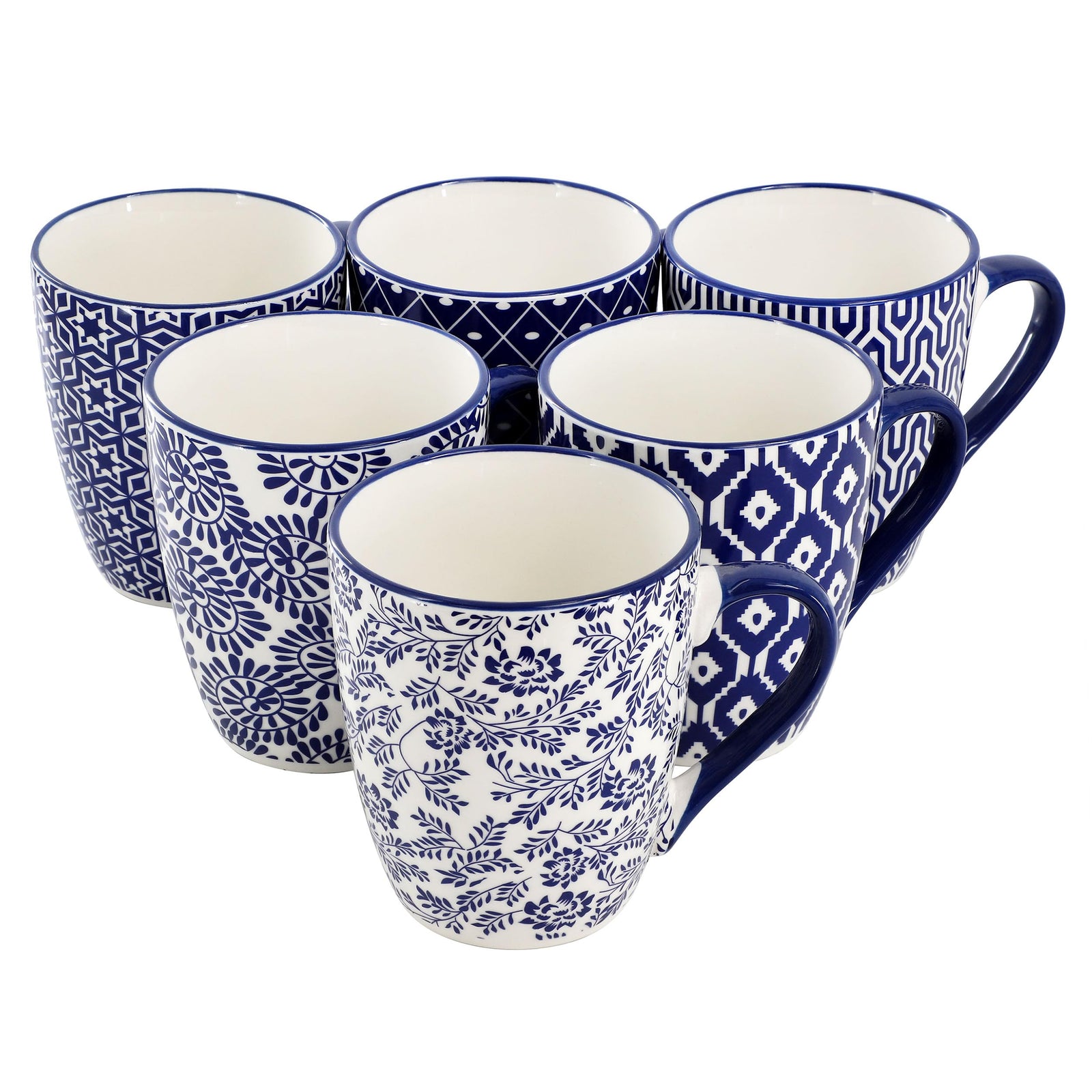 Elama Declan 6-Piece 12 oz Stoneware Coffee Mug Set, Assorted Blue and White Designs
