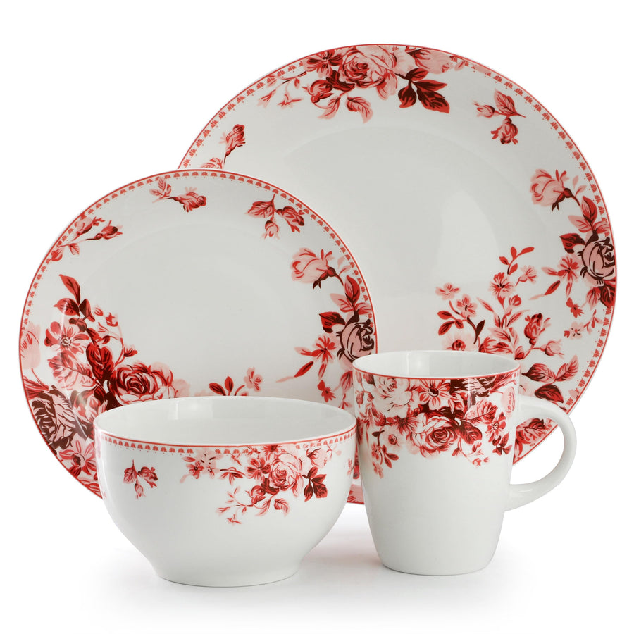 Elama Traditional Rose 16-Piece Red Stoneware Dinnerware Set, Service for 4