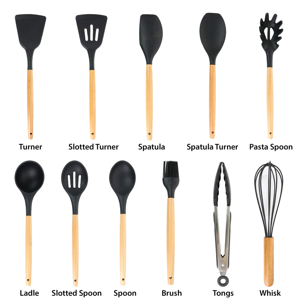 MegaChef 12-Piece Silicone & Wood Cooking Utensil Set – Black, Nonstick-Safe with Countertop Holder