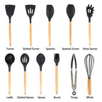MegaChef 12-Piece Silicone & Wood Cooking Utensil Set – Black, Nonstick-Safe with Countertop Holder