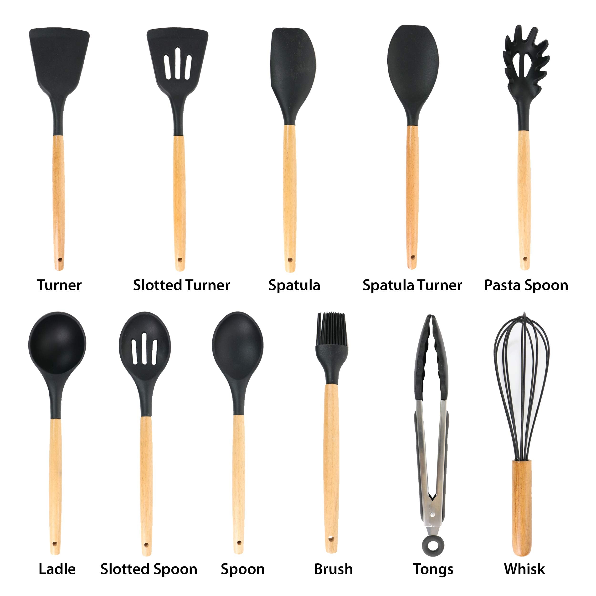 MegaChef 12-Piece Silicone & Wood Cooking Utensil Set – Black, Nonstick-Safe with Countertop Holder