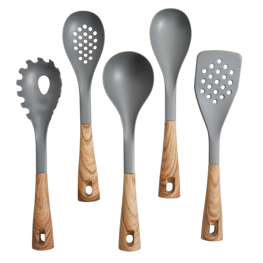 Oster Everwood 5-Piece Nylon Kitchen Tools Set, Grey & Wood