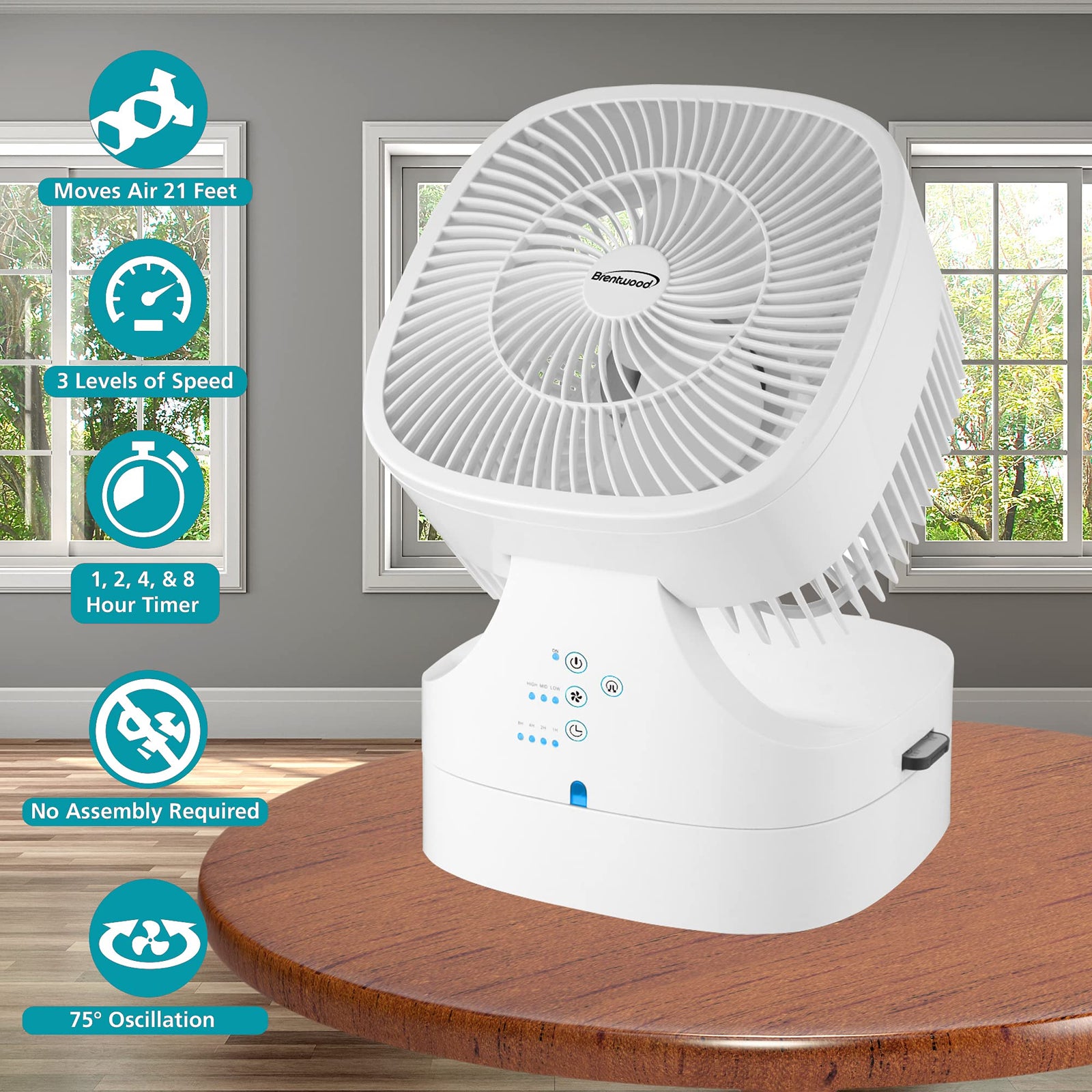 Brentwood F-900RW 8 Inch 3-Speed Remote Control Oscillating Air Circulator Desktop Fan with Timer, White