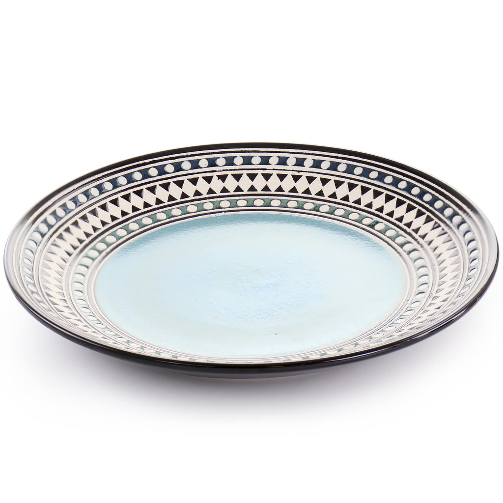 Elama Blue Sage 16-Piece Double Bowl Stoneware Dinnerware Set – Blue Geometric Rim Service for 4