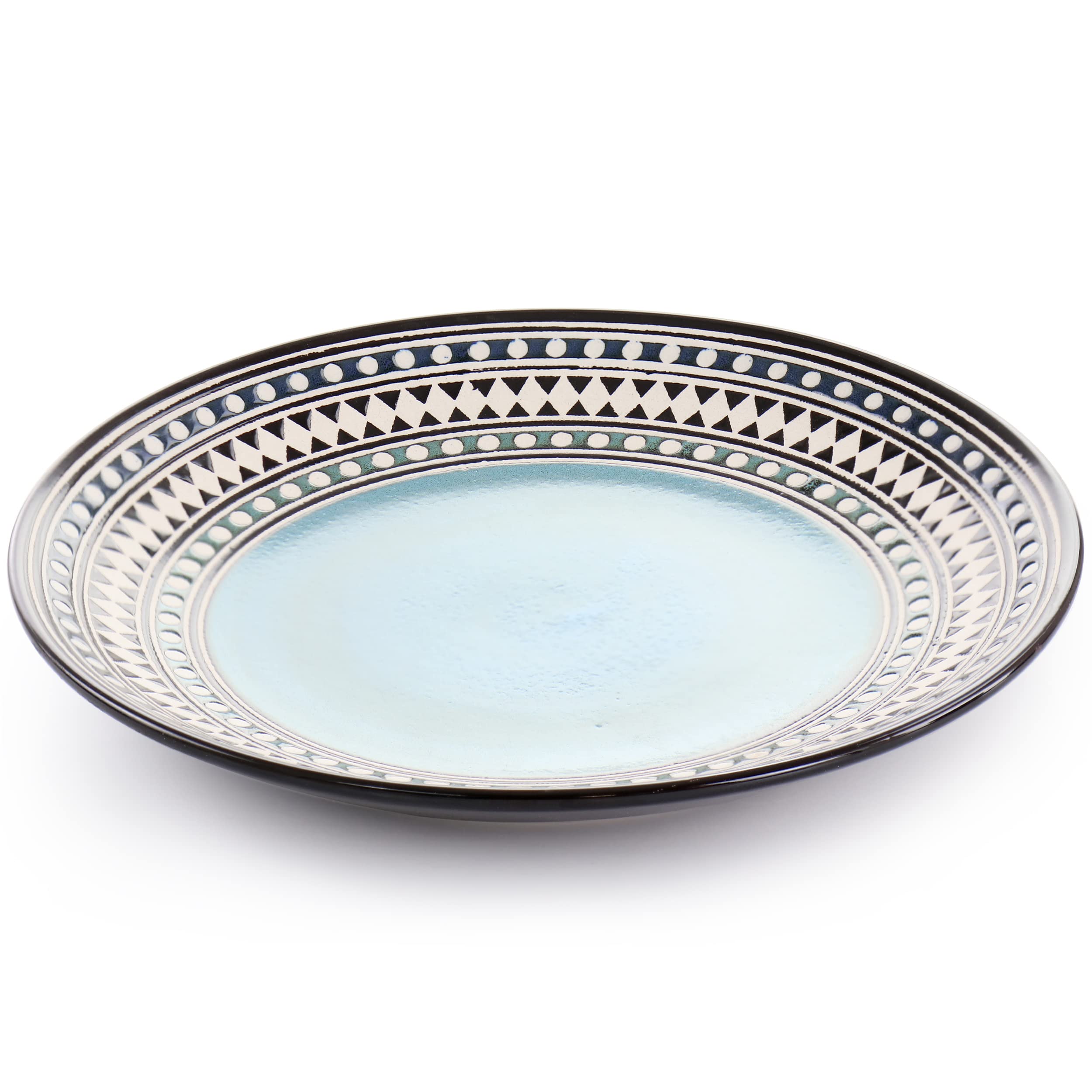 Elama Blue Sage 16-Piece Double Bowl Stoneware Dinnerware Set – Blue Geometric Rim Service for 4