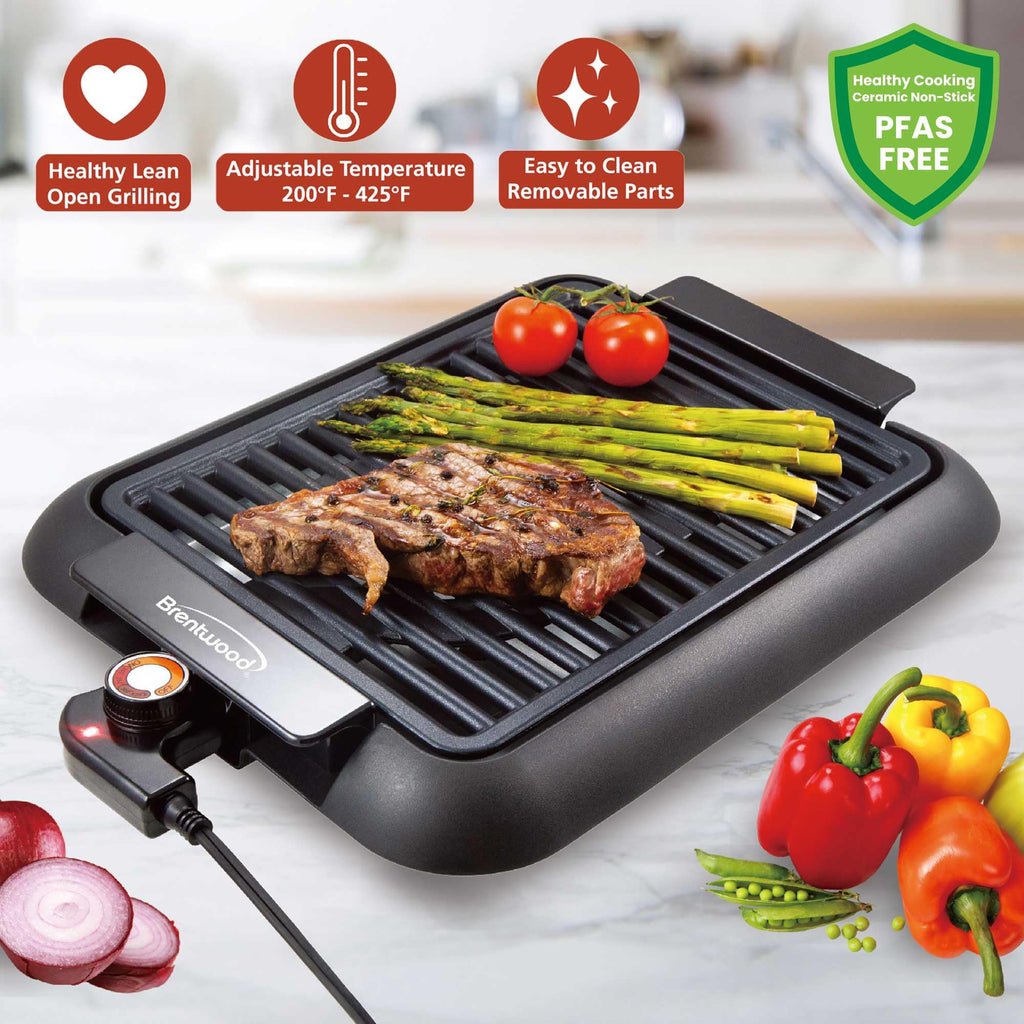 Brentwood TS-643BK 1200W Electric Smokeless Indoor Grill - Black, 12.6 x 10 Inch Ceramic Non-Stick, 200-425°F Adjustable