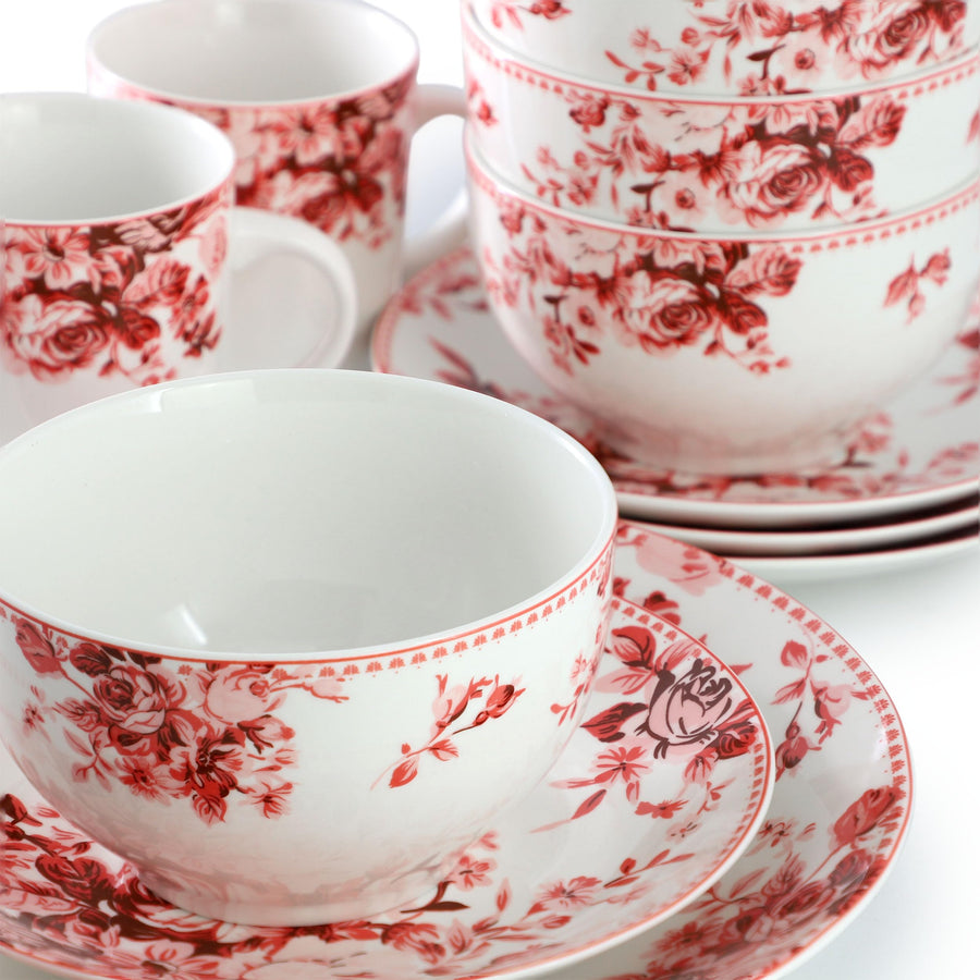 Elama Traditional Rose 16-Piece Red Stoneware Dinnerware Set, Service for 4