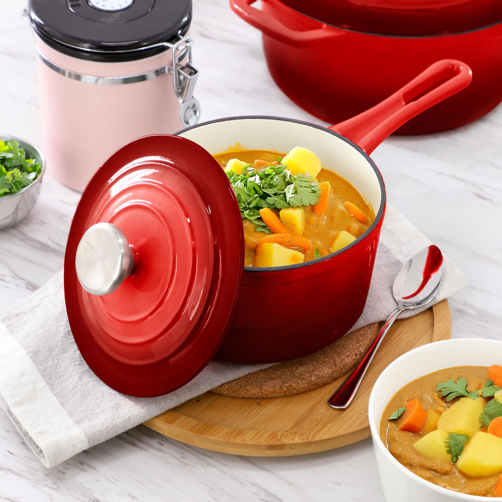 MegaChef 7 Piece Enameled Cast Iron Cookware Set in Red