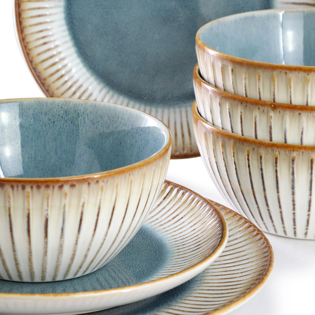 Elama Louann 16-Piece Stoneware Dinnerware Set – Textured Blue & Beige Color-Rim Place Settings, Service for 4