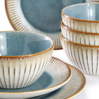 Elama Louann 16-Piece Stoneware Dinnerware Set – Textured Blue & Beige Color-Rim Place Settings, Service for 4