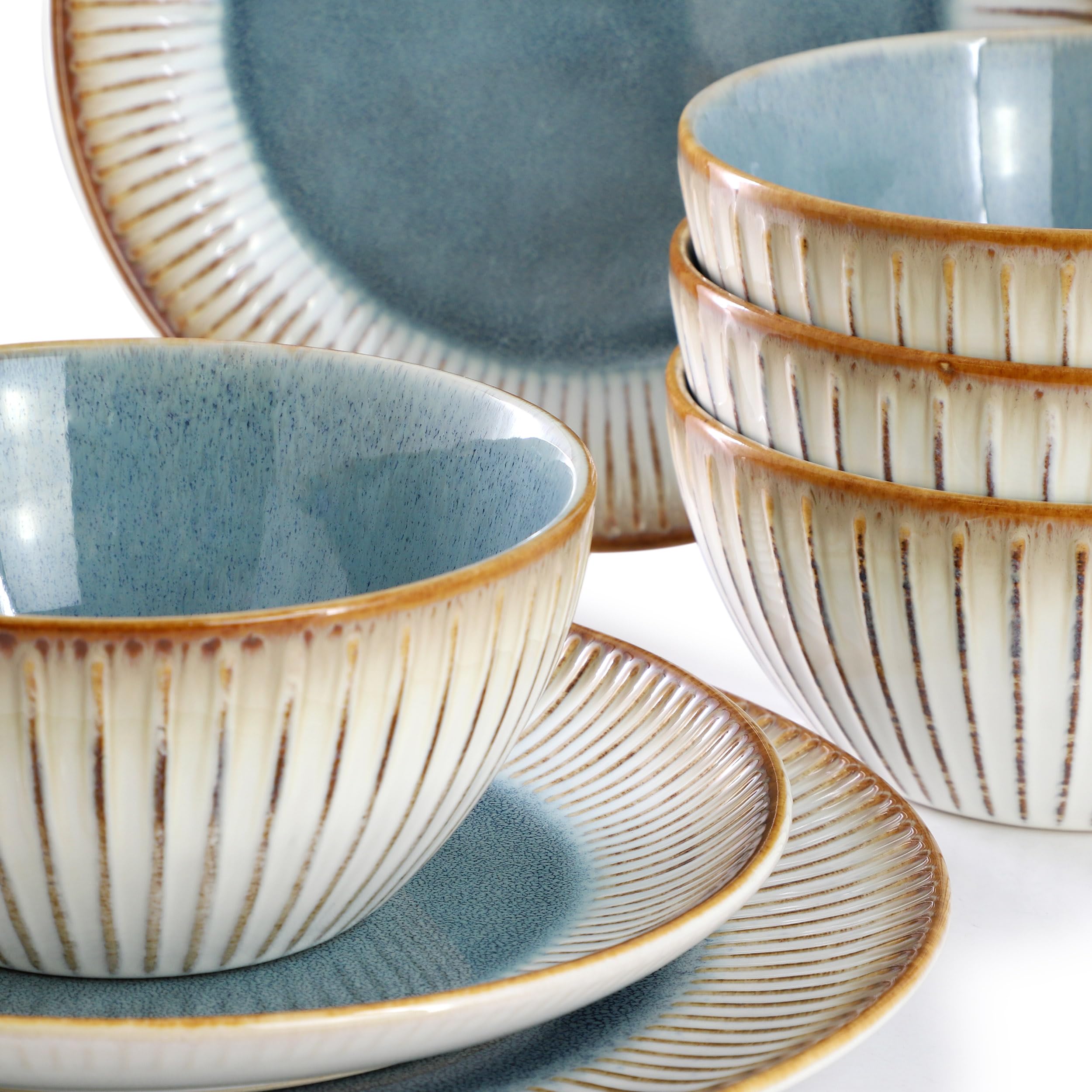Elama Louann 16-Piece Stoneware Dinnerware Set – Textured Blue & Beige Color-Rim Place Settings, Service for 4