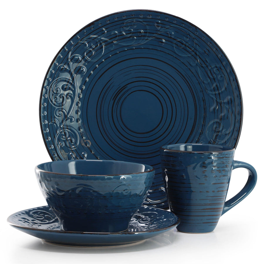 Elama Malibu Deep Ocean 16-Piece Stoneware Dinnerware Set, Reactive Glaze, Service for 4