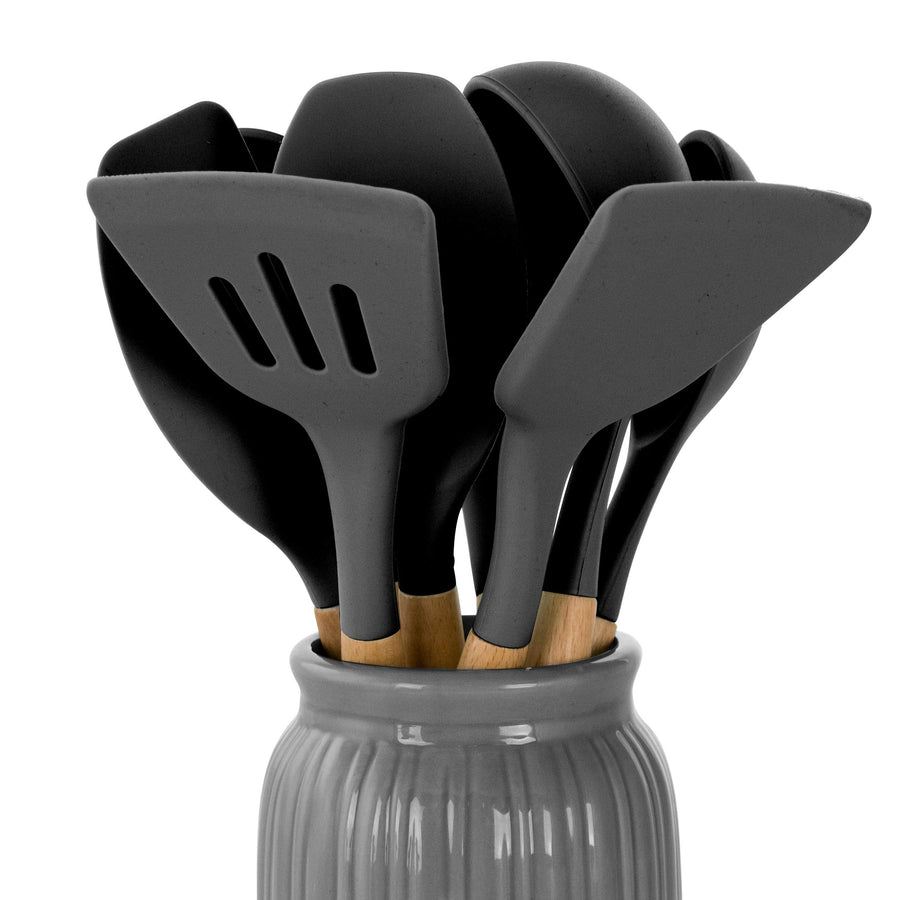 MegaChef 9-Piece Silicone and Wood Kitchen Utensil Set with Ceramic Holder, Gray
