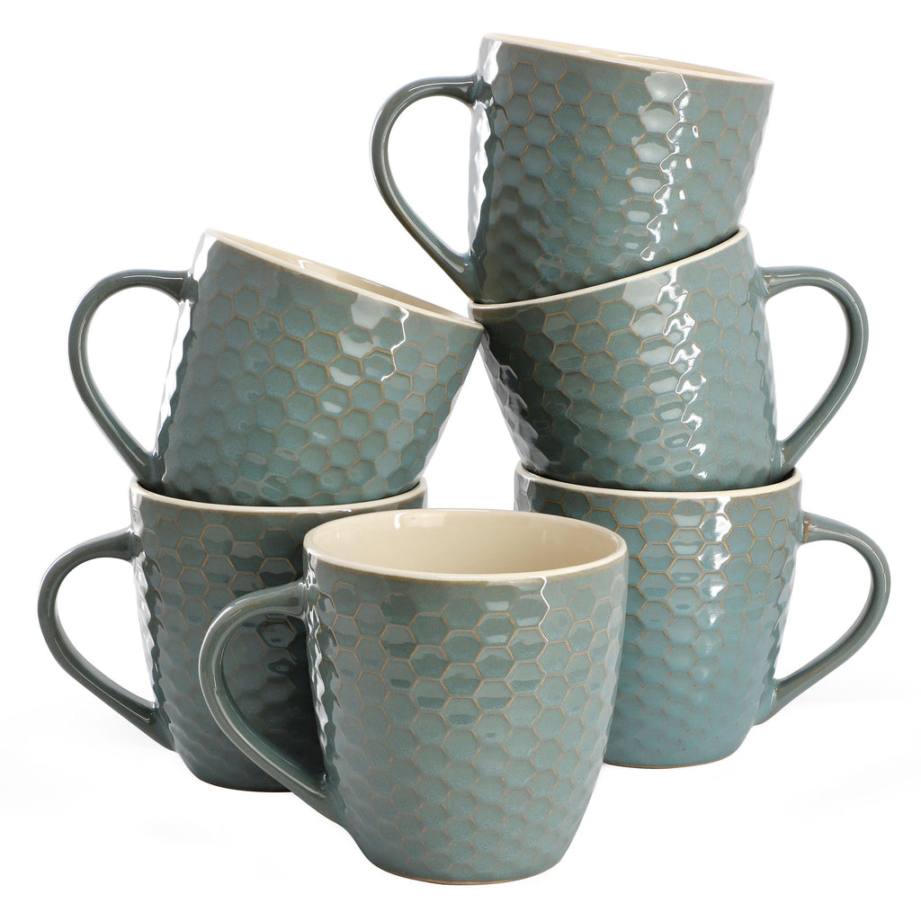 Elama Honeycomb 6-Piece 15 oz Stoneware Mug Set - Assorted White, Purple & Taupe with Embossed Honeycomb Texture