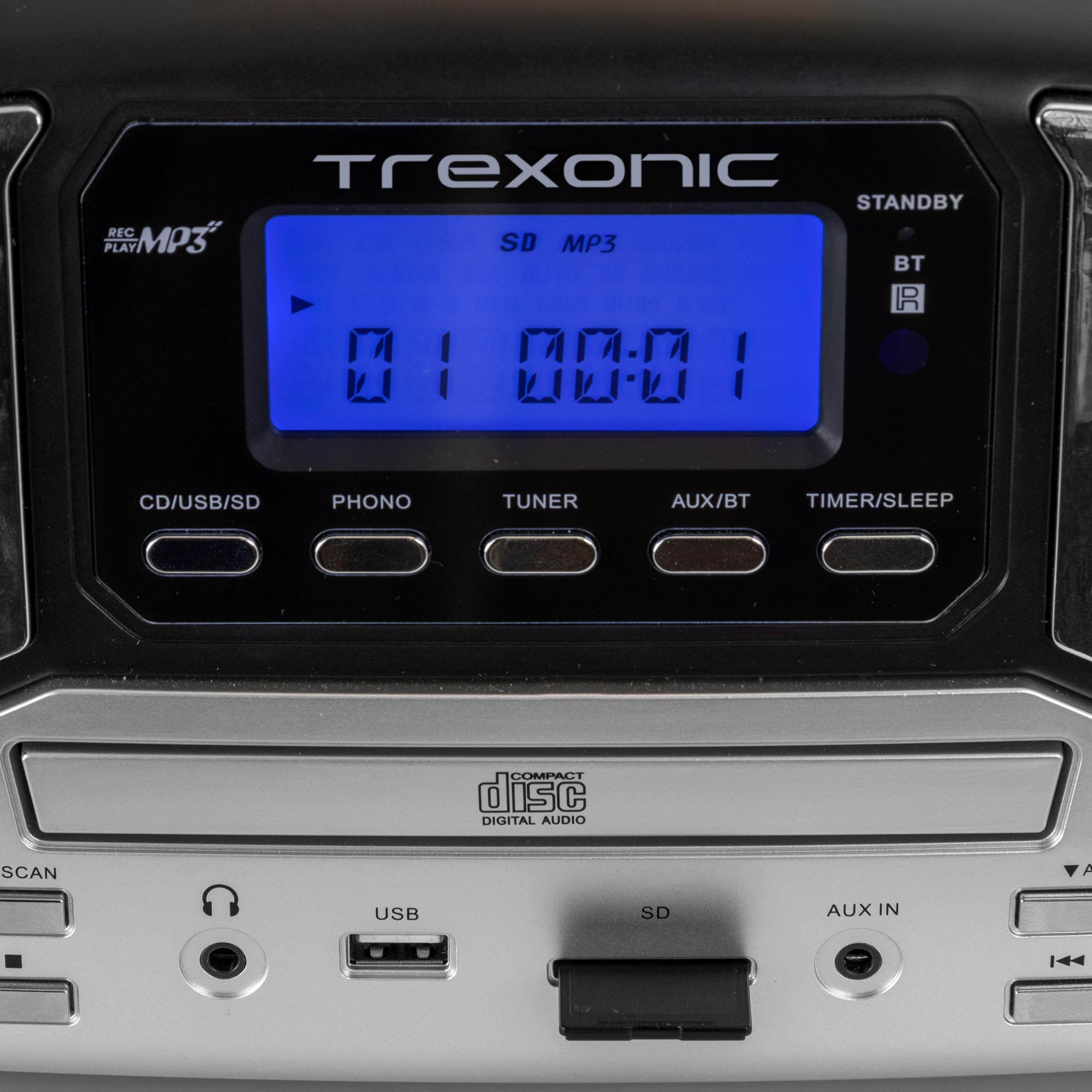 Trexonic TRX-16 Retro Bluetooth Turntable & CD Player – 3-Speed Vinyl, AM/FM Radio, USB Recording, Black