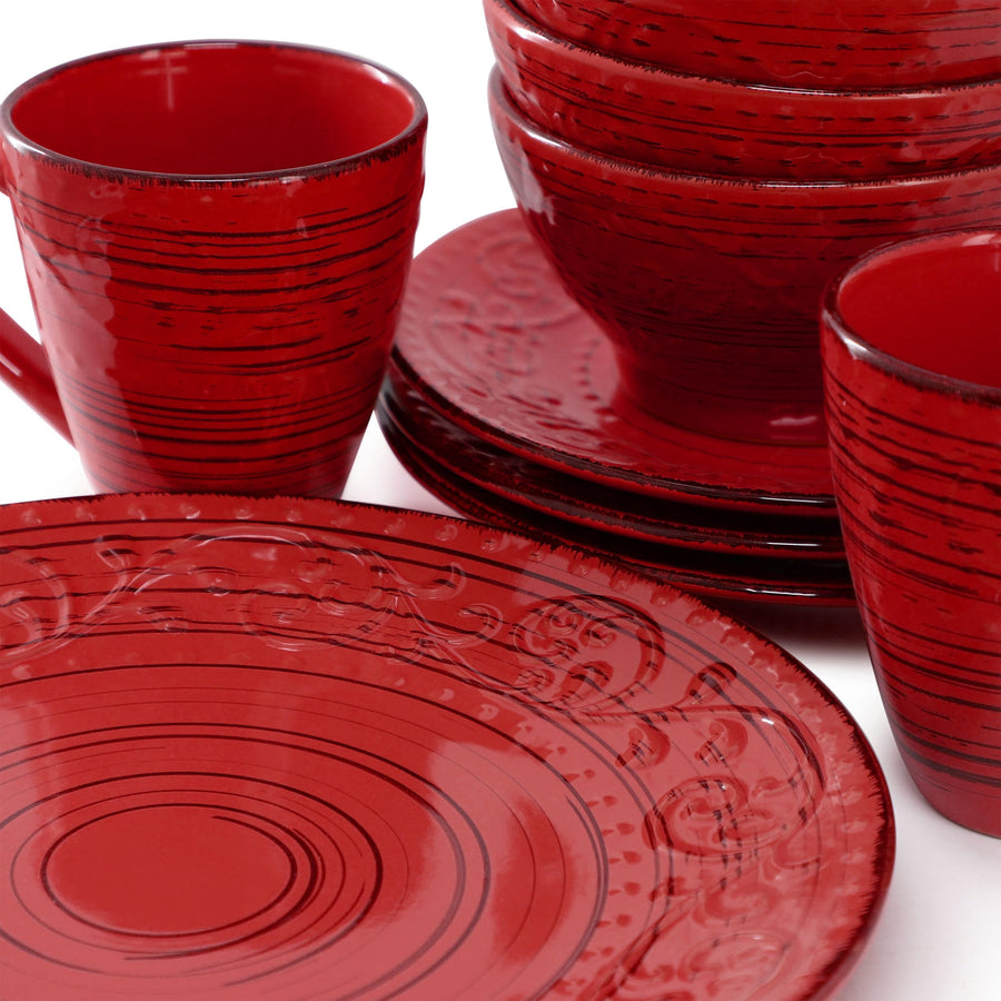 Elama Malibu Ocean Bloom 16-Piece Stoneware Dinnerware Set, Reactive Glaze Red - Service for 4