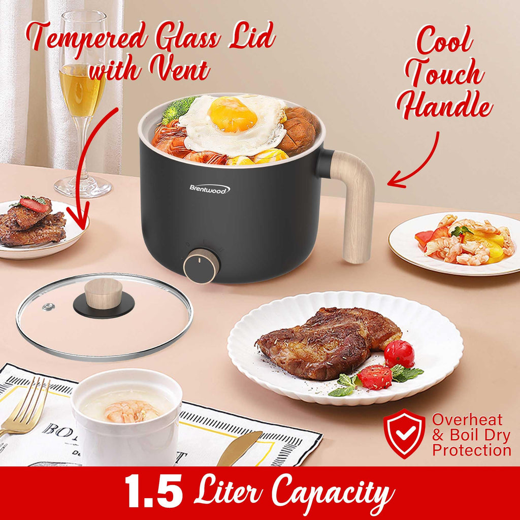 Brentwood HPS-3172BK 1.5 L Multi-Function Electric Hot Pot Cooker with Steamer, Black