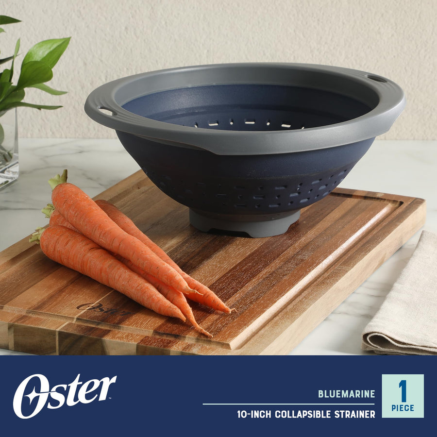 Oster Bluemarine 10-Inch Foldable Collapsible Colander Strainer, Blue and Grey