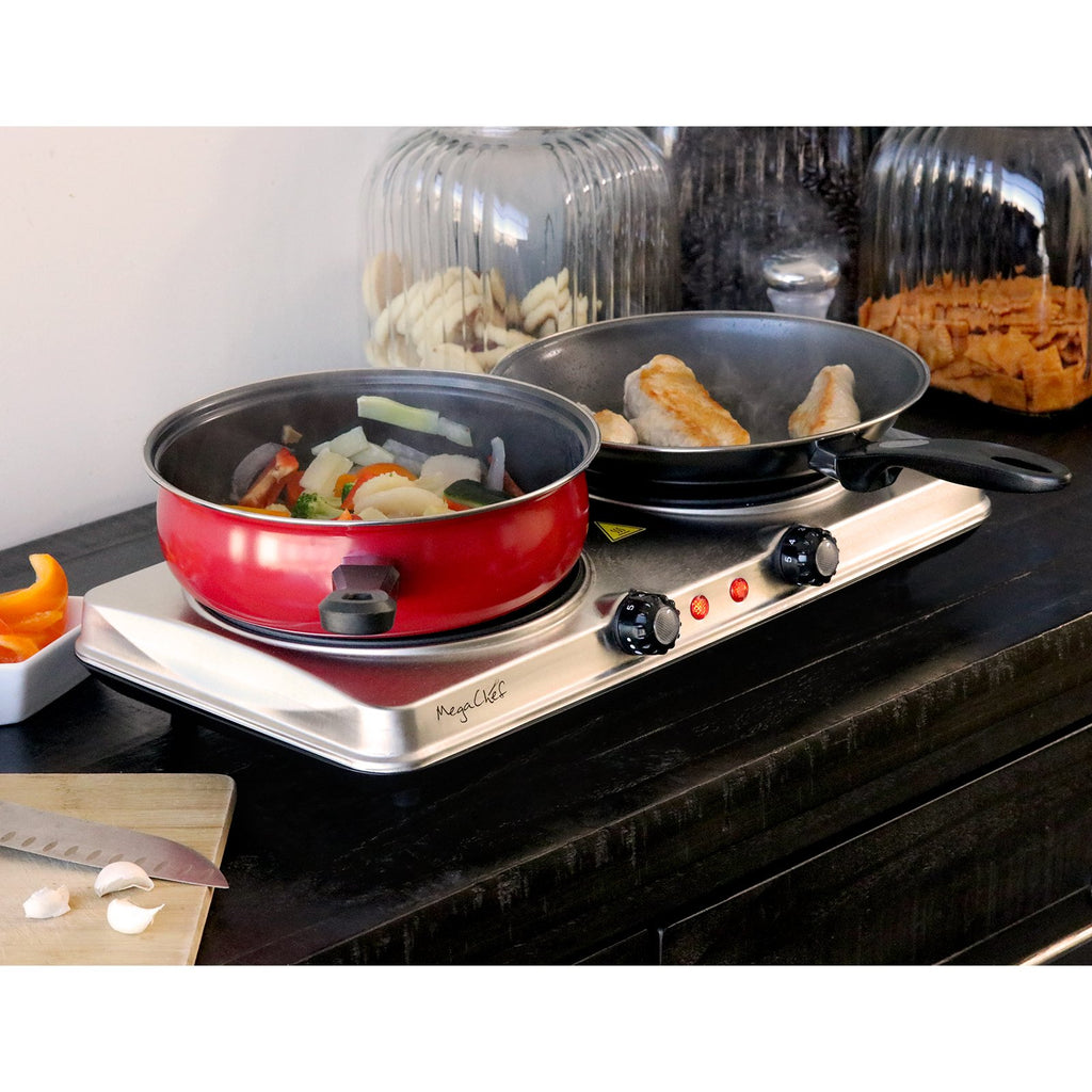 MegaChef Indoor & Outdoor Portable Dual Vitro-Ceramic Infrared Cooktop – 2-Burner Electric Stove with Touch Controls