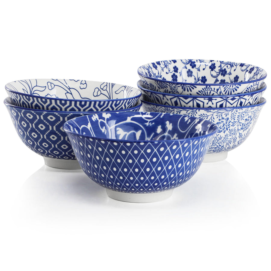 Porcelain Footed Bowl Set of 6, 20 Oz Soup and Cereal Bowls, Assorted Blue and White Designs, Elama Moxy