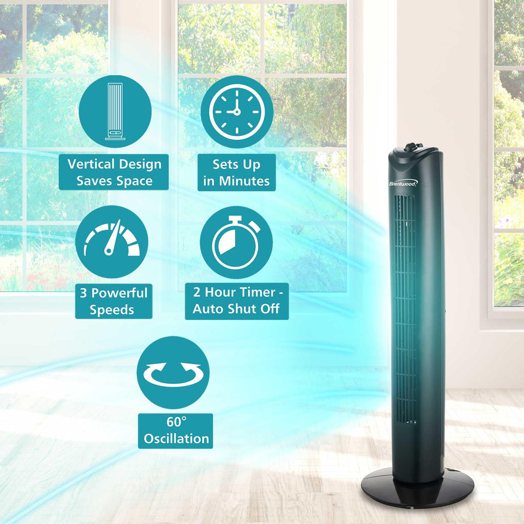 Brentwood F-32TBK 32-Inch 3-Speed Oscillating Tower Fan, Black - 2-Hour Timer, Carry Handle, cULus