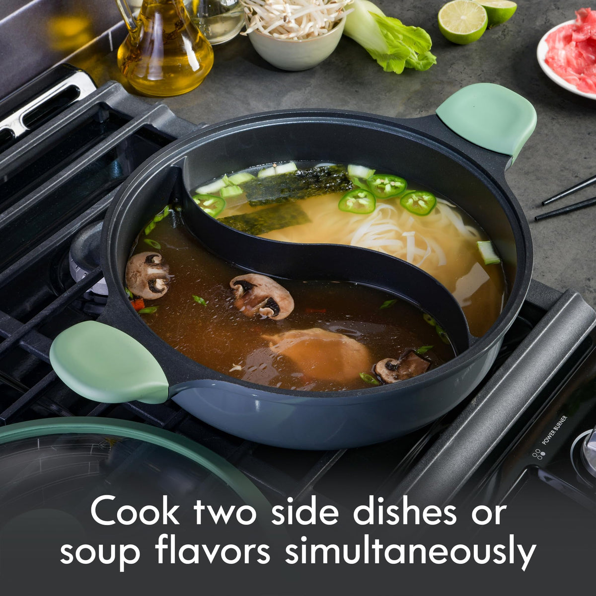 Kenmore Theodore 6.5-Quart Nonstick Cast Aluminum Divided Hot Pot Pan with Glass Lid, Induction Ready