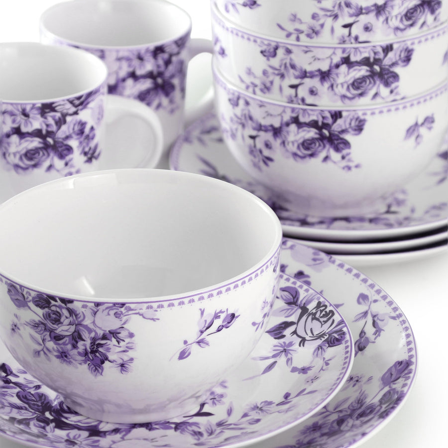 Elama Traditional Rose 16-Piece Purple Stoneware Dinnerware Set - Service for 4