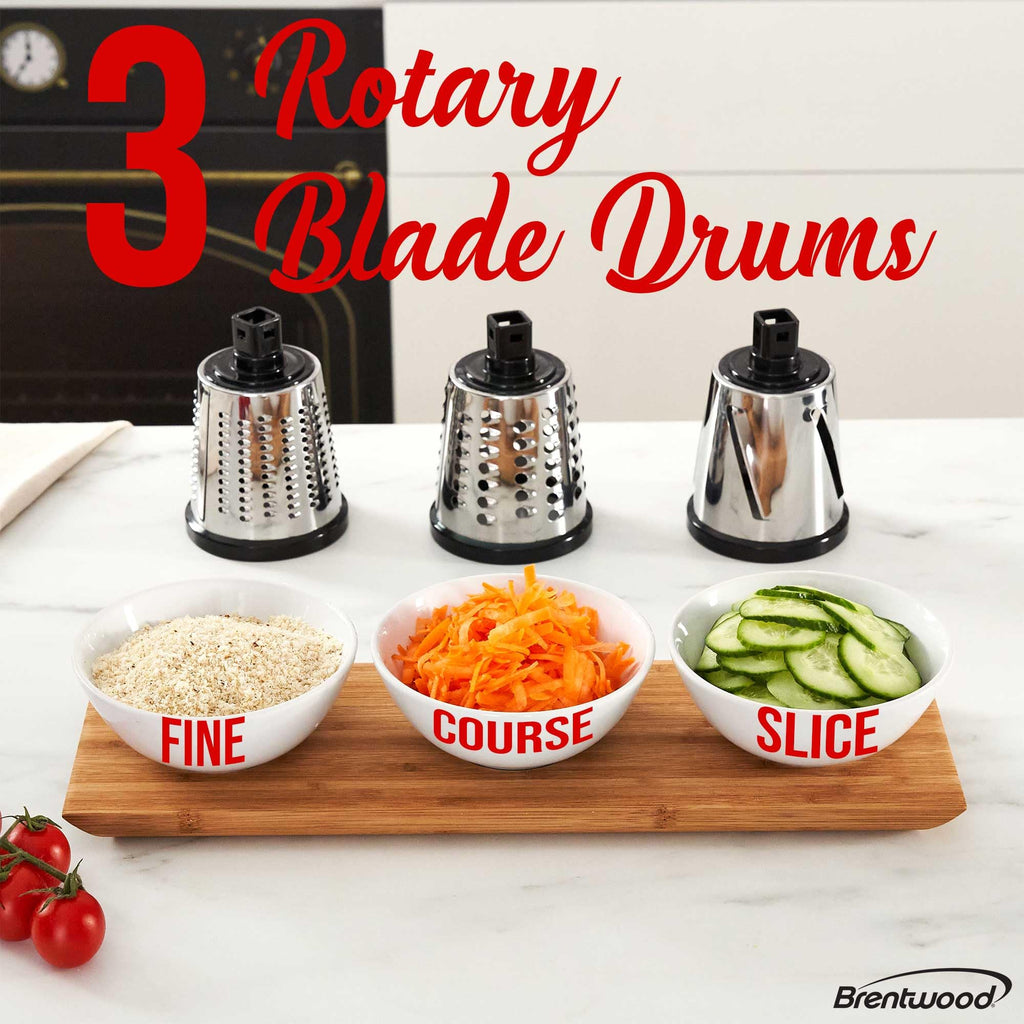 Brentwood KA-5060BK Rotary Cheese Grater & Slicer with 3 Stainless Drum Blades, Black