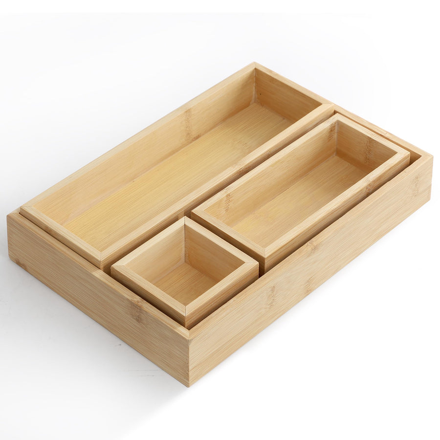 Elama 4 Piece Bamboo Wood Drawer Organizer Tray Set for Utensils and Storage