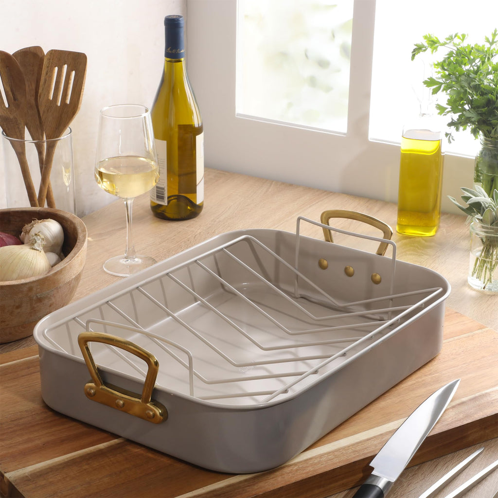 Gibson Home Broxton 2-Piece Nonstick Steel Roaster Pan with Rack – Taupe
