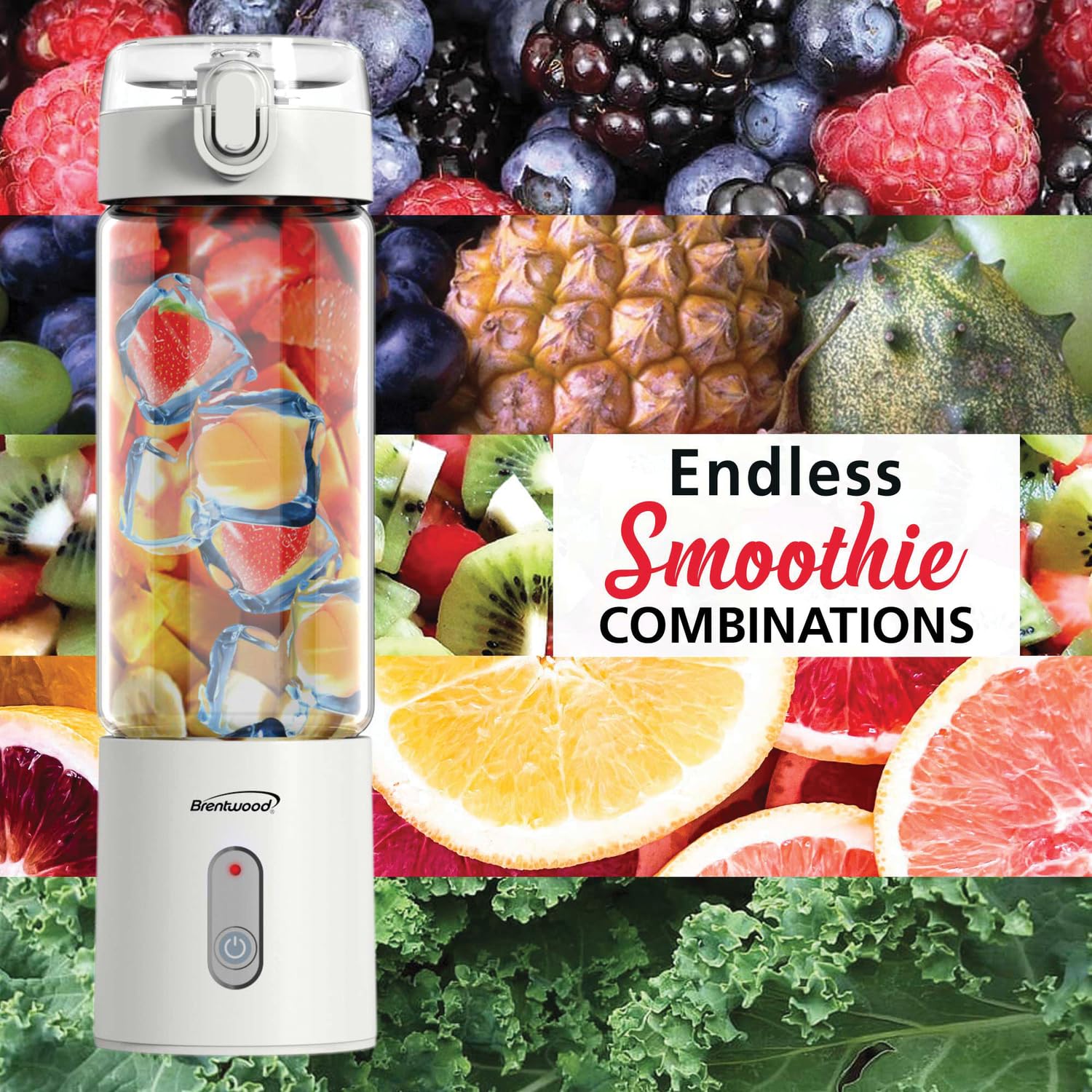 Brentwood RJB-100W 17 oz Portable USB Rechargeable Glass Blender - White, 2400mAh