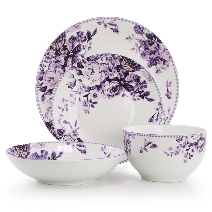 Elama Traditional Rose 24-Piece Stoneware Double Bowl Dinnerware Set, Service for 6, Purple