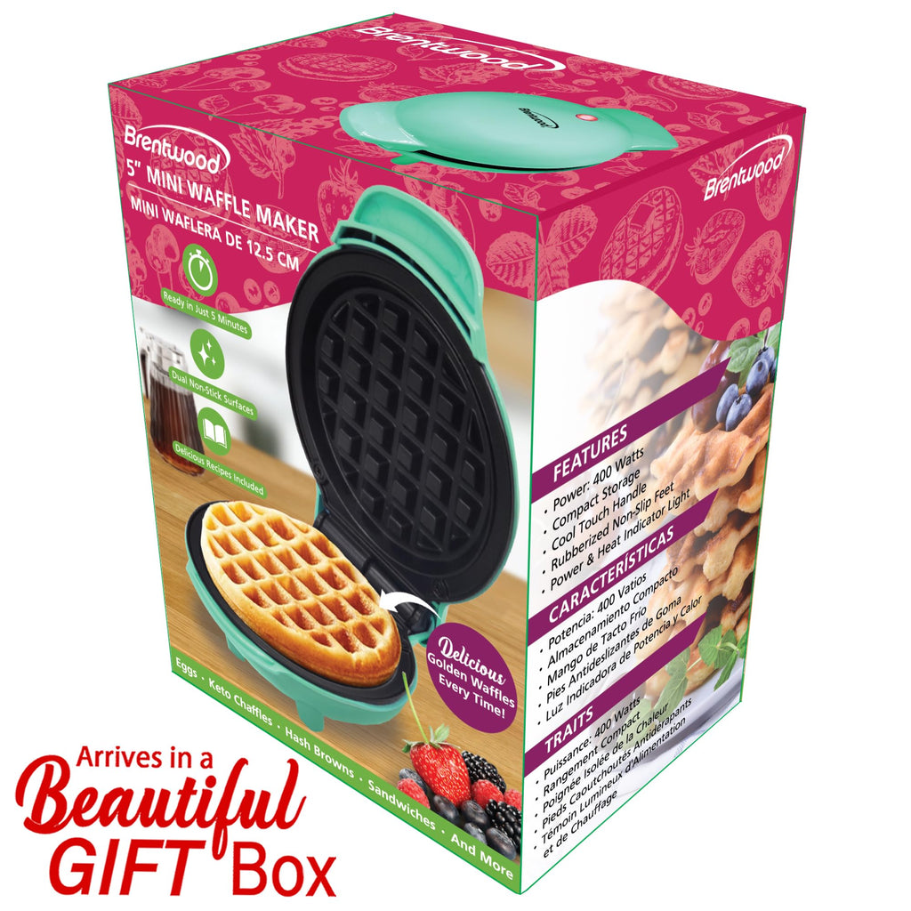 Brentwood TS-2141BL 5-Inch Non-Stick Mini Waffle Maker - Blue, 400W Multi-Use Maker for Waffles, Chaffles & Hash Browns
