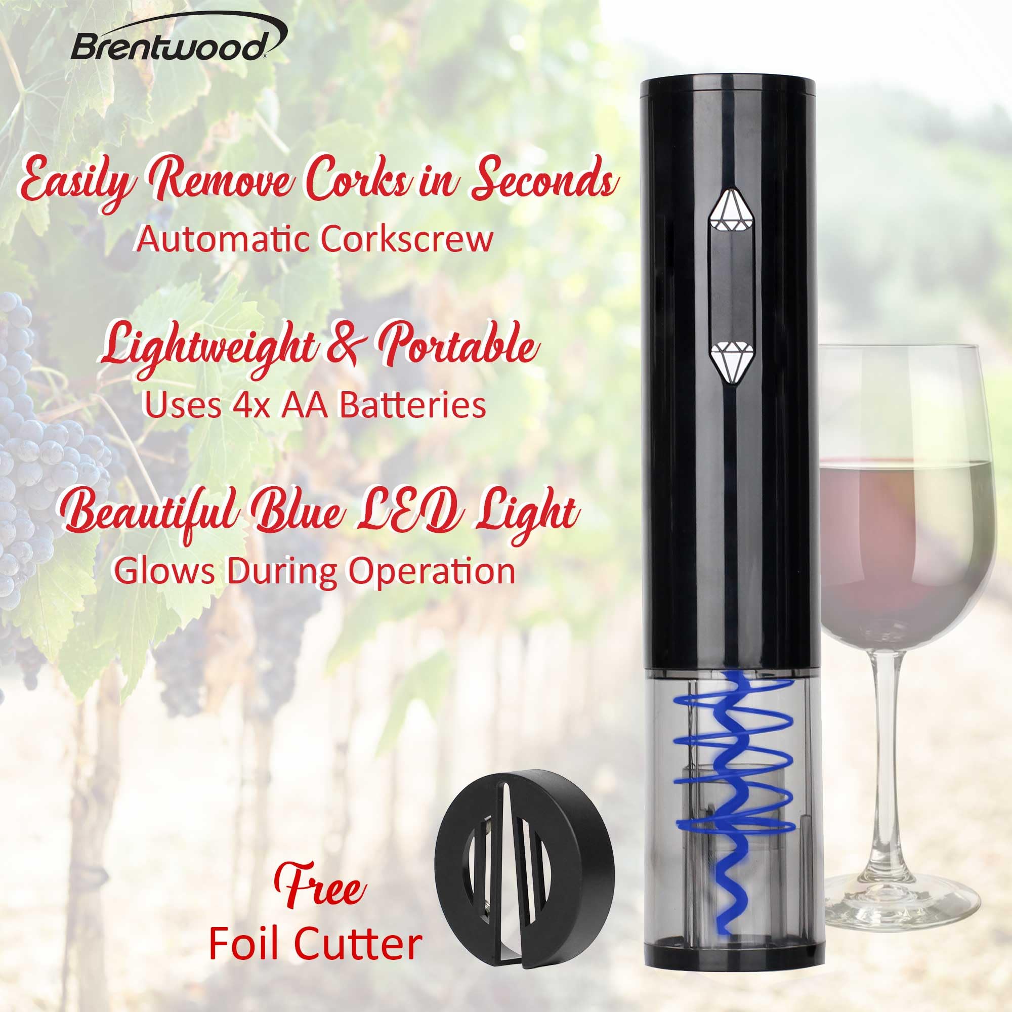 Brentwood Portable Electric Wine Bottle Opener with Foil Cutter, Black