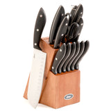 Oster Huxford 14-piece knife block set, stainless steel blades, black triple-riveted handles, steak knives, shears, sharpener, wood block